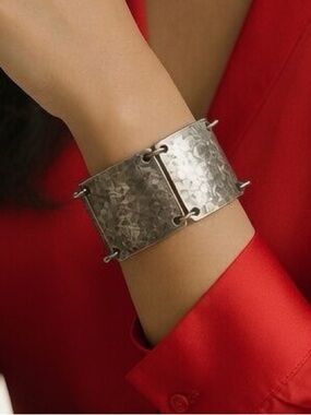 Silver Tone Panel Link Textured Metal Bracelet J Hook Bohemian Artisan